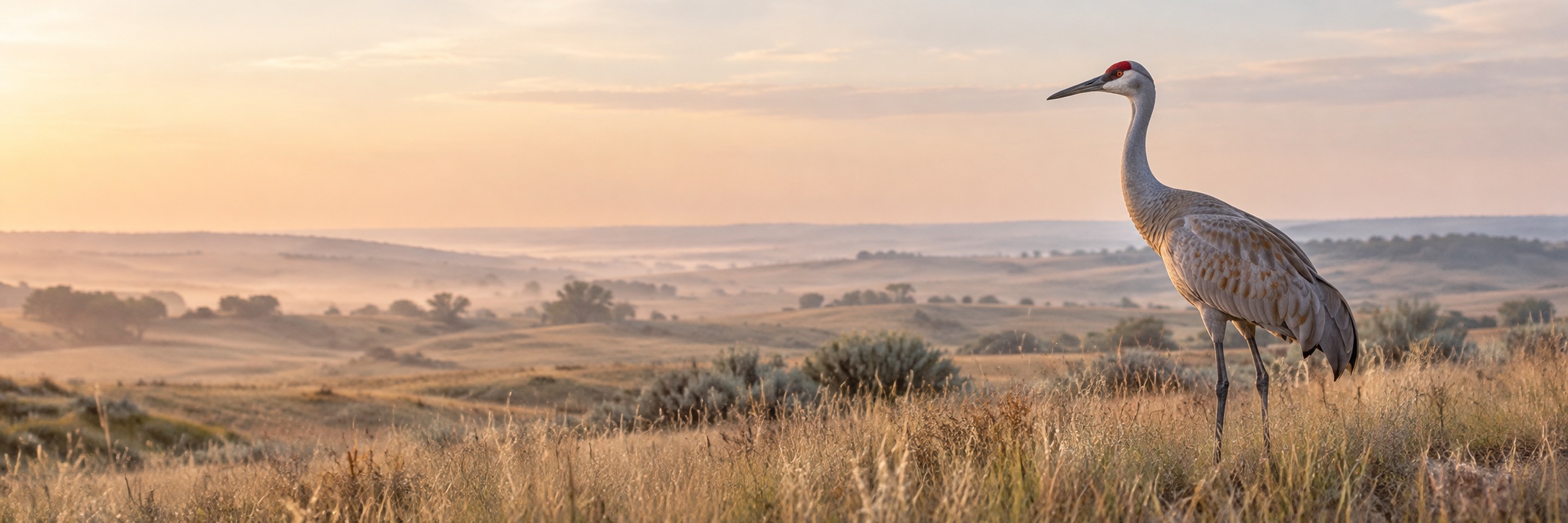 A sandhill crane in a sunlit prairie landscape.